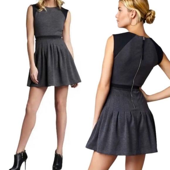 Rebecca Taylor Ponte Mini Dress Fit & Flare Pleated Skirt Colorblock Gray Black - Picture 1 of 10